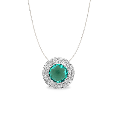 Simulated Diamond Paraiba Tourmaline Double Halo Pendant