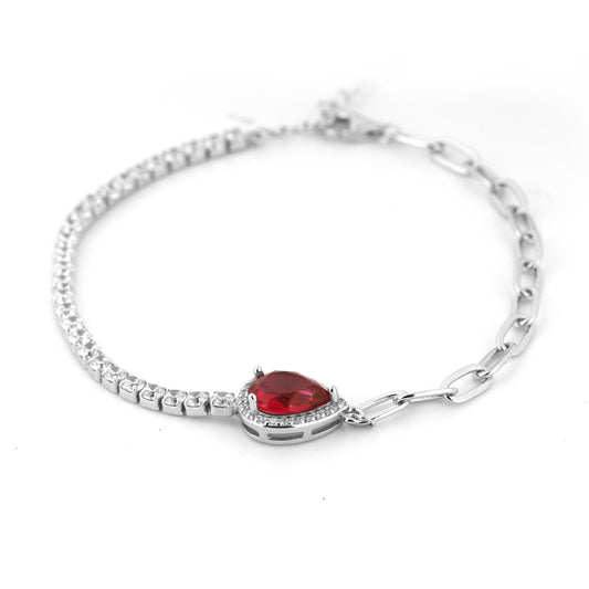 Red Pear Zircon and Paperclip Linking Silver Bracelet
