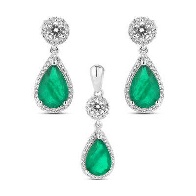 Pear Cut Emerald Halo Earring & Pendant Set