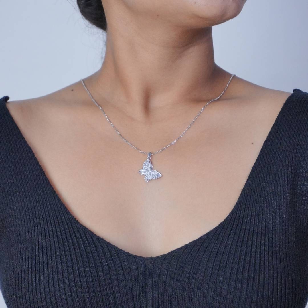 White Zircon Butterfly Silver Pendant