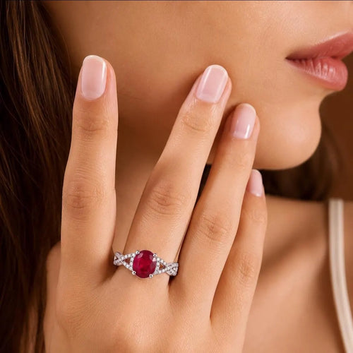 925 Sterling Silver Natural Ruby Oval Promise Ring Glass Filled Ruby Engagement Ring, July Birthstone Ring Gift for her