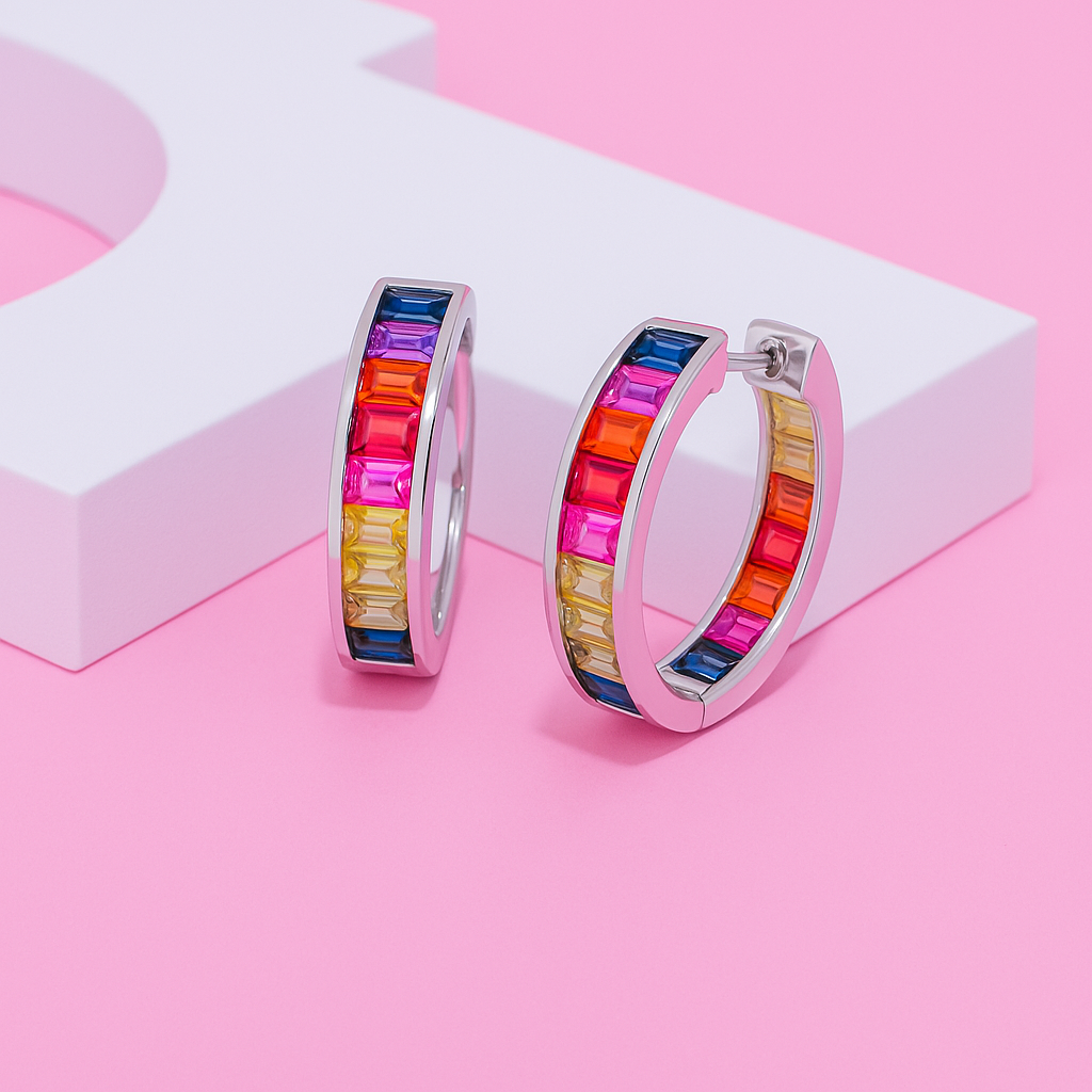 925 Sterling Silver Rainbow Sapphire Huggie Earrings | Colorful Baguette Hoops for Women
