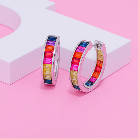 925 Sterling Silver Rainbow Sapphire Huggie Earrings | Colorful Baguette Hoops for Women