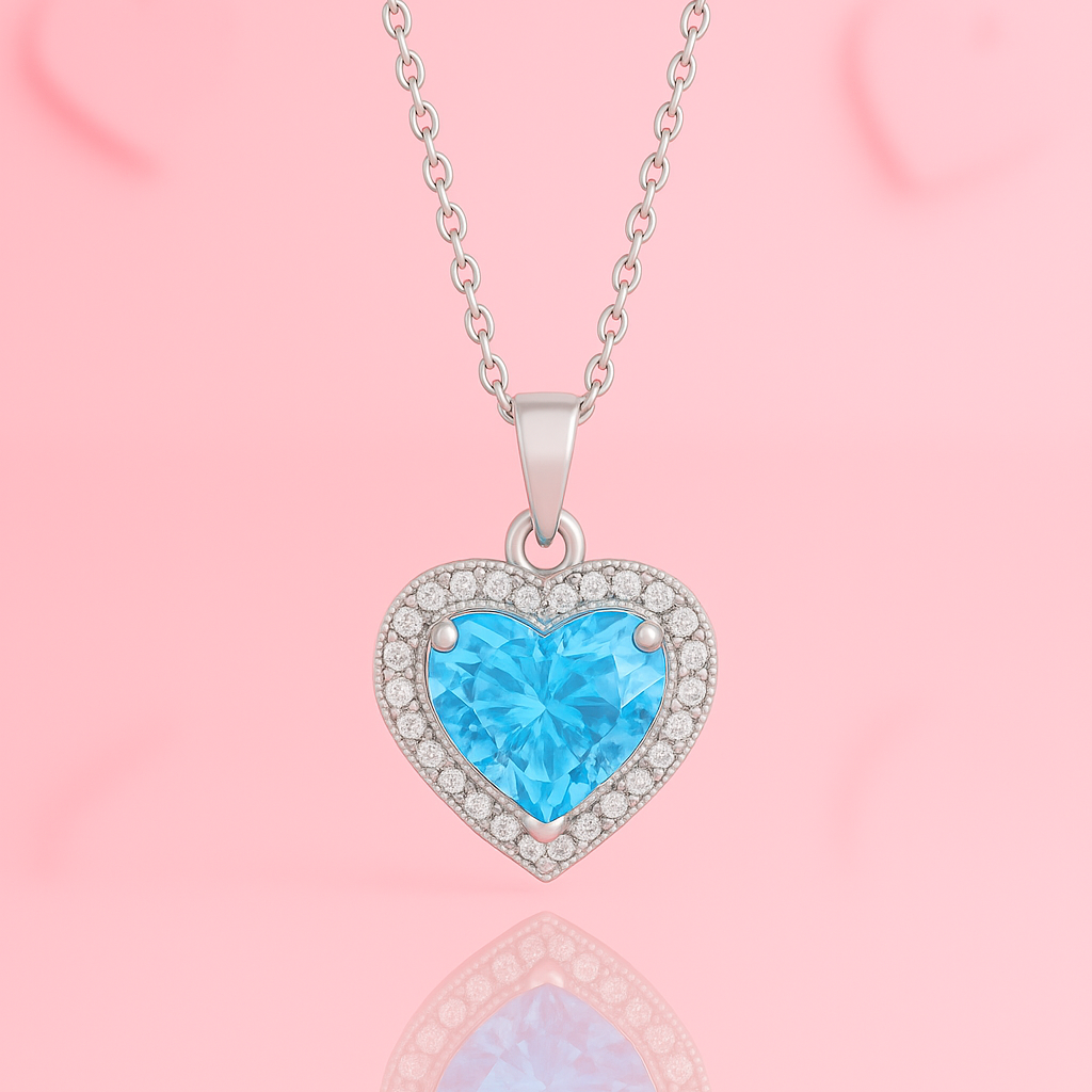 Blue Heart Crystal Pendant Necklace in 925 Sterling Silver