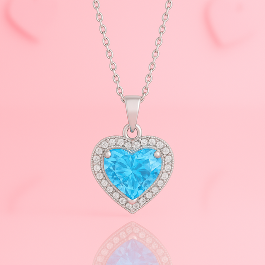 Blue Heart Crystal Pendant Necklace in 925 Sterling Silver