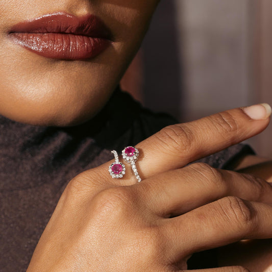 925 Sterling Silver Natural Ruby Bypass Couple Love Ring