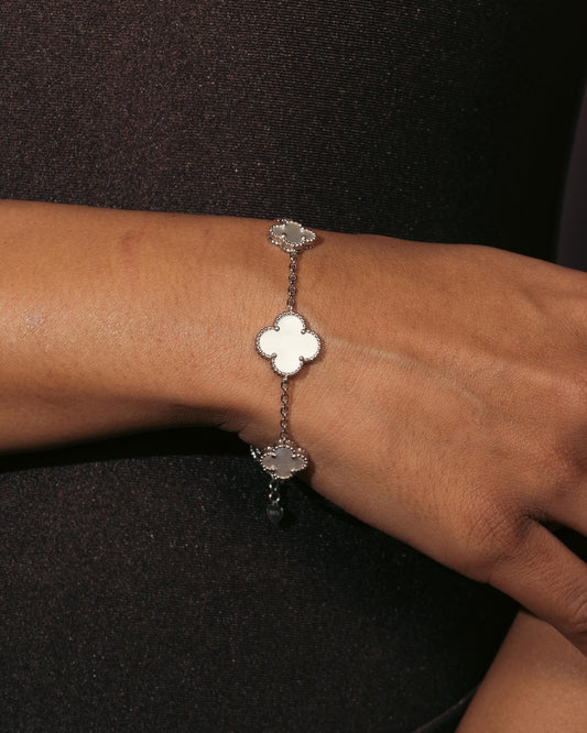 Inlay Clover Silver Linking Bracelet  6.5"+ 1.5" inch
