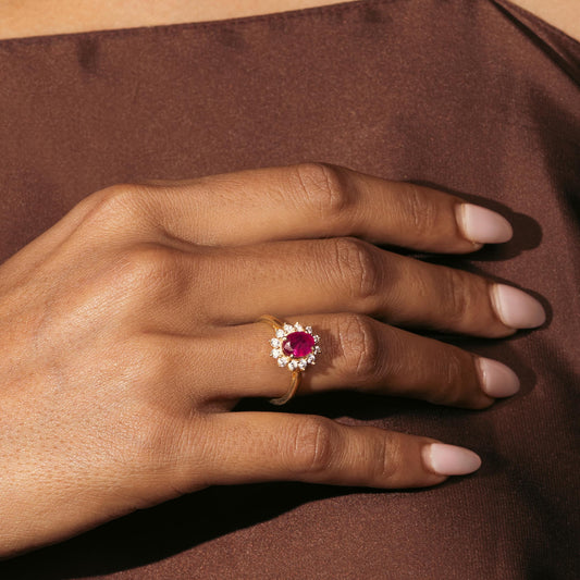 Natural Ruby Princess Diana Inspired Halo Ring in 925 Sterling Silver