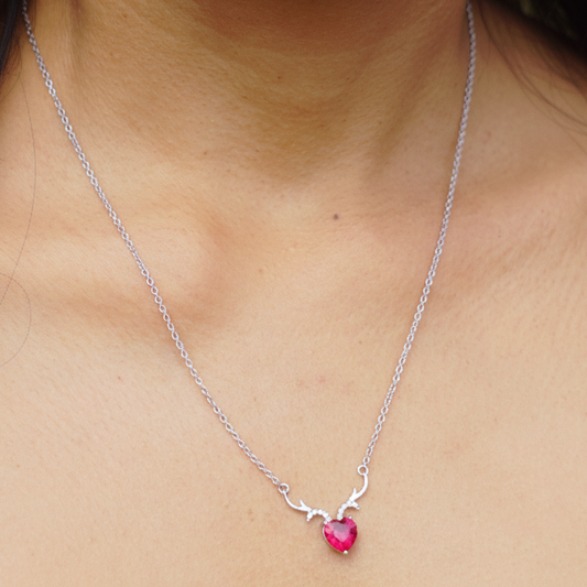 Red Ruby Lovehorn Cubic Zircon Necklace with 18+3 inch chain  Adjustable