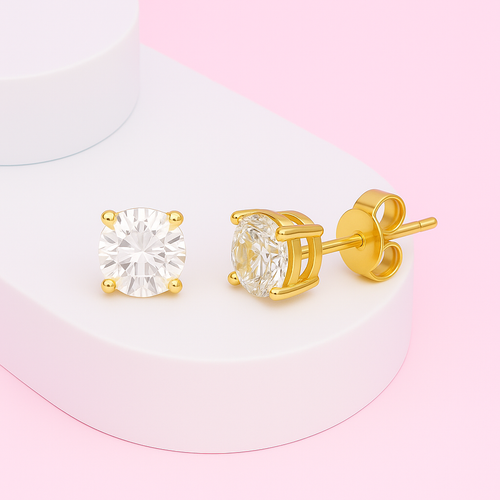 Gold Vermeil Round Solitaire CZ Stud silverEarrings, Minimalist Everyday Jewelry for Women