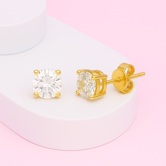 Gold Vermeil Round Solitaire CZ Stud silverEarrings, Minimalist Everyday Jewelry for Women