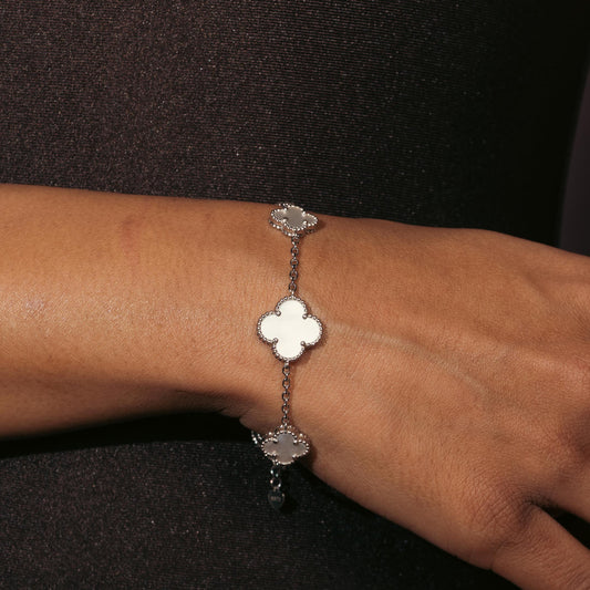 Inlay Clover Silver Linking Bracelet  6.5"+ 1.5" inch