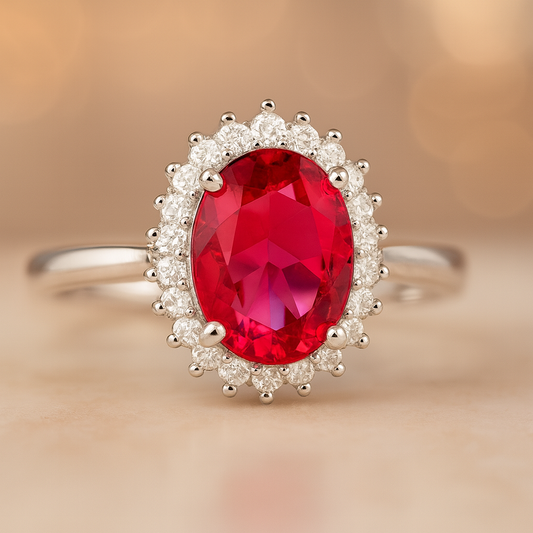 Oval Simulated Ruby Halo Ring, 925 Sterling Silver, July Birthstone Promise Ring