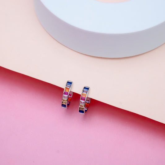 Silver Rainbow Sapphire Baguette Hoop Earring 14MM