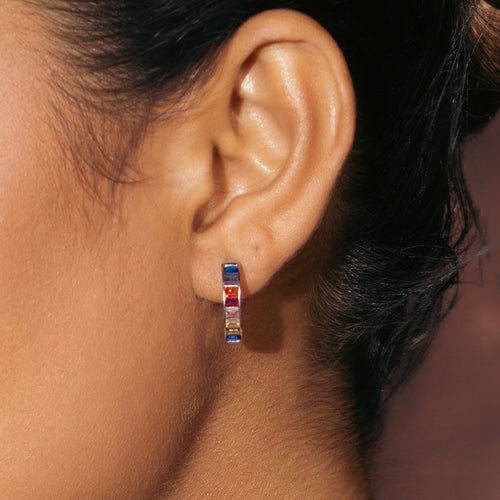 Rainbow Sapphire Baguette Hoop Earrings in 925 Sterling Silver  Huggie Earrings