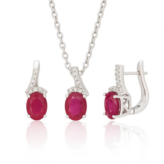 925 Sterling Silver Natural Ruby Earrings , Necklace Set