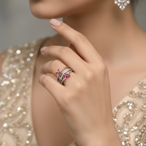 Trinity Bloom Butterfly Ring in 925 Sterling Silver | Pink Marquise Floral Statement Ring | Elegant Cocktail Ring Gift for Women
