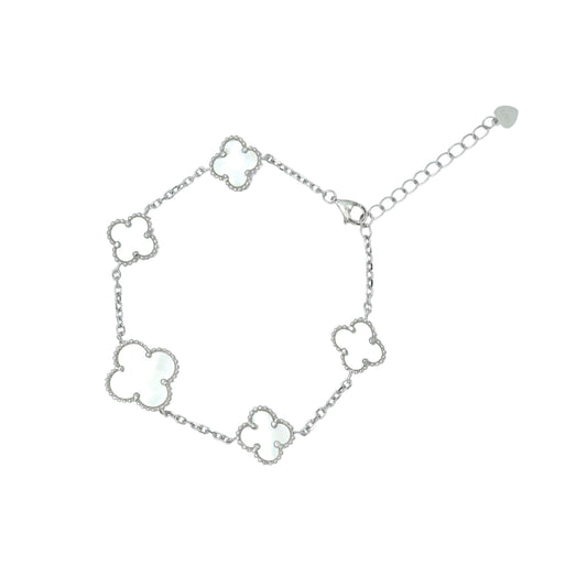 Inlay Clover Silver Linking Bracelet  6.5"+ 1.5" inch