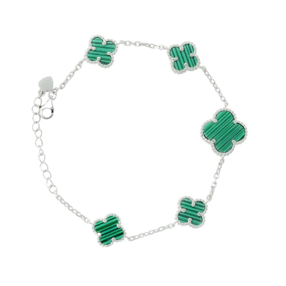 Green Inlay Clover Silver Linking Bracelet 6.5"+1.5" inch