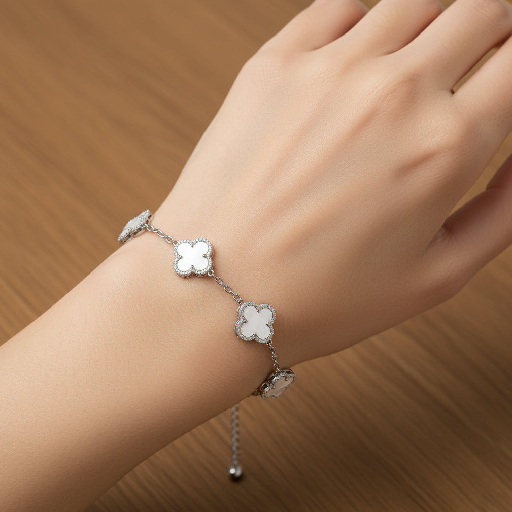 Inlay Clover Silver Linking Bracelet  6.5"+ 1.5" inch