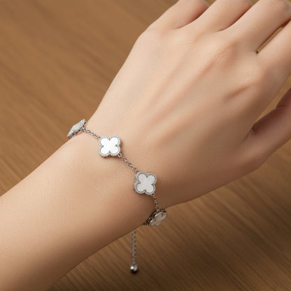 Inlay Clover Silver Linking Bracelet  6.5"+ 1.5" inch