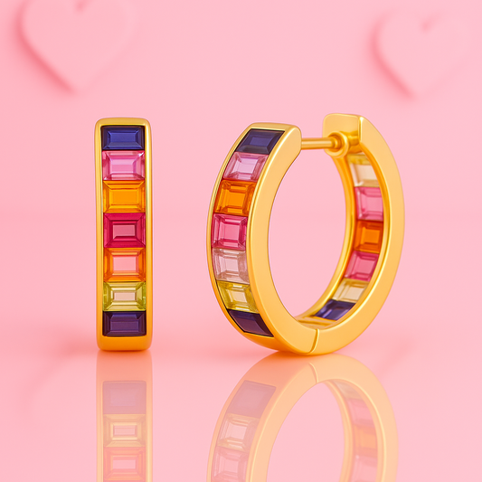 Silver Rainbow Sapphire Baguette Hoop Earring 14MM