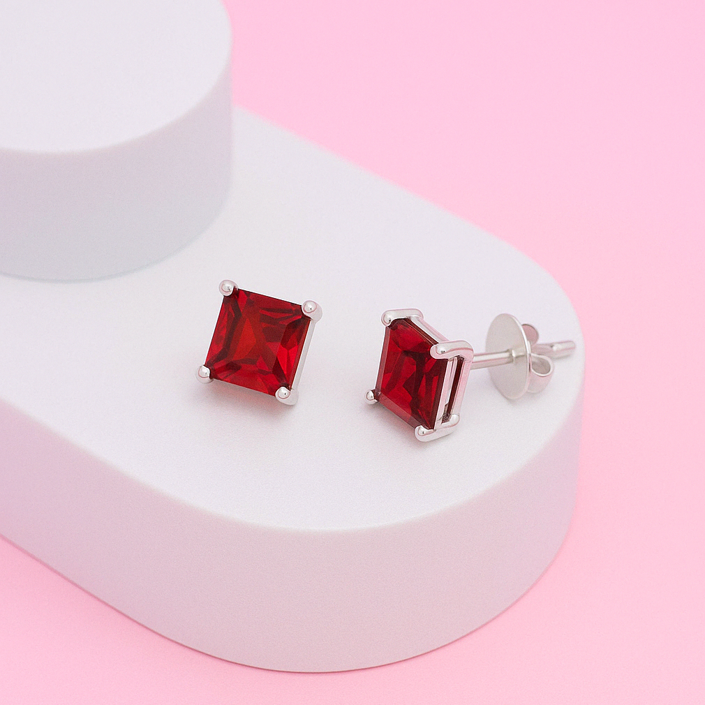 Red Simulated Diamond Square  Earring