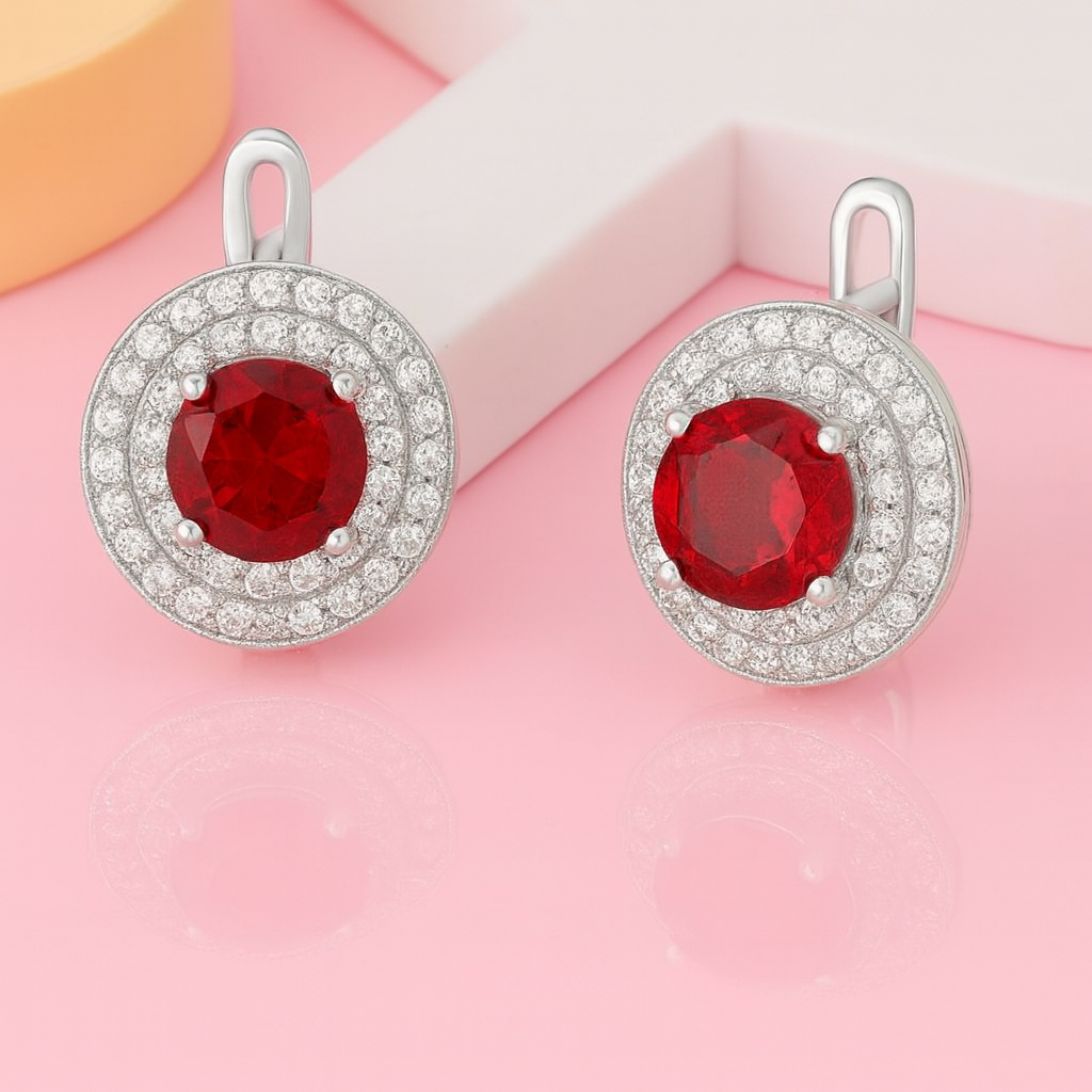 Simulated Diamond Ruby Tourmaline Double Halo Eaaring