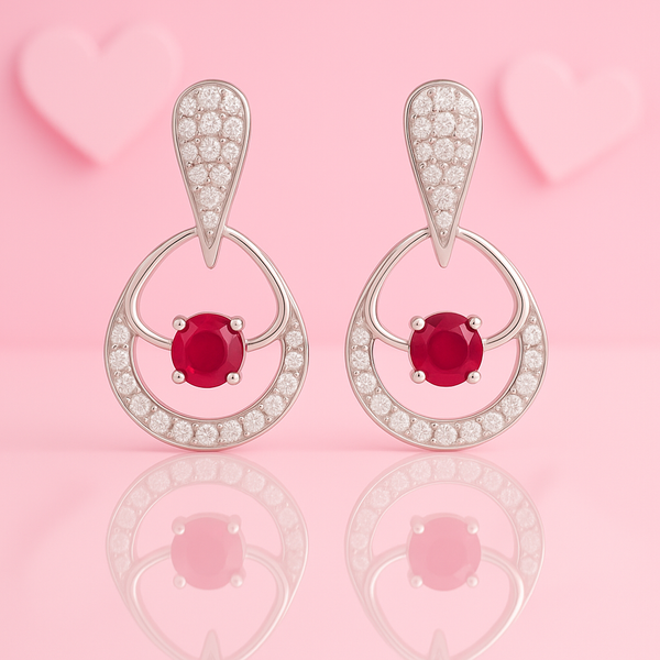 925 Sterling Silver Ruby and Zircon Circle Drop Earrings