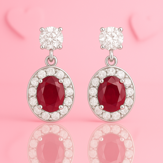 925 Sterling Silver Ruby Oval Halo Zircon Drop Earrings