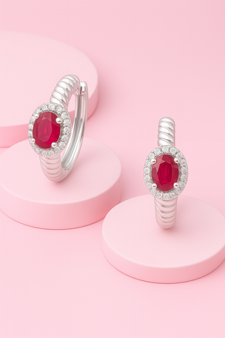 925 Sterling Silver Ruby Oval Hoop Earrings