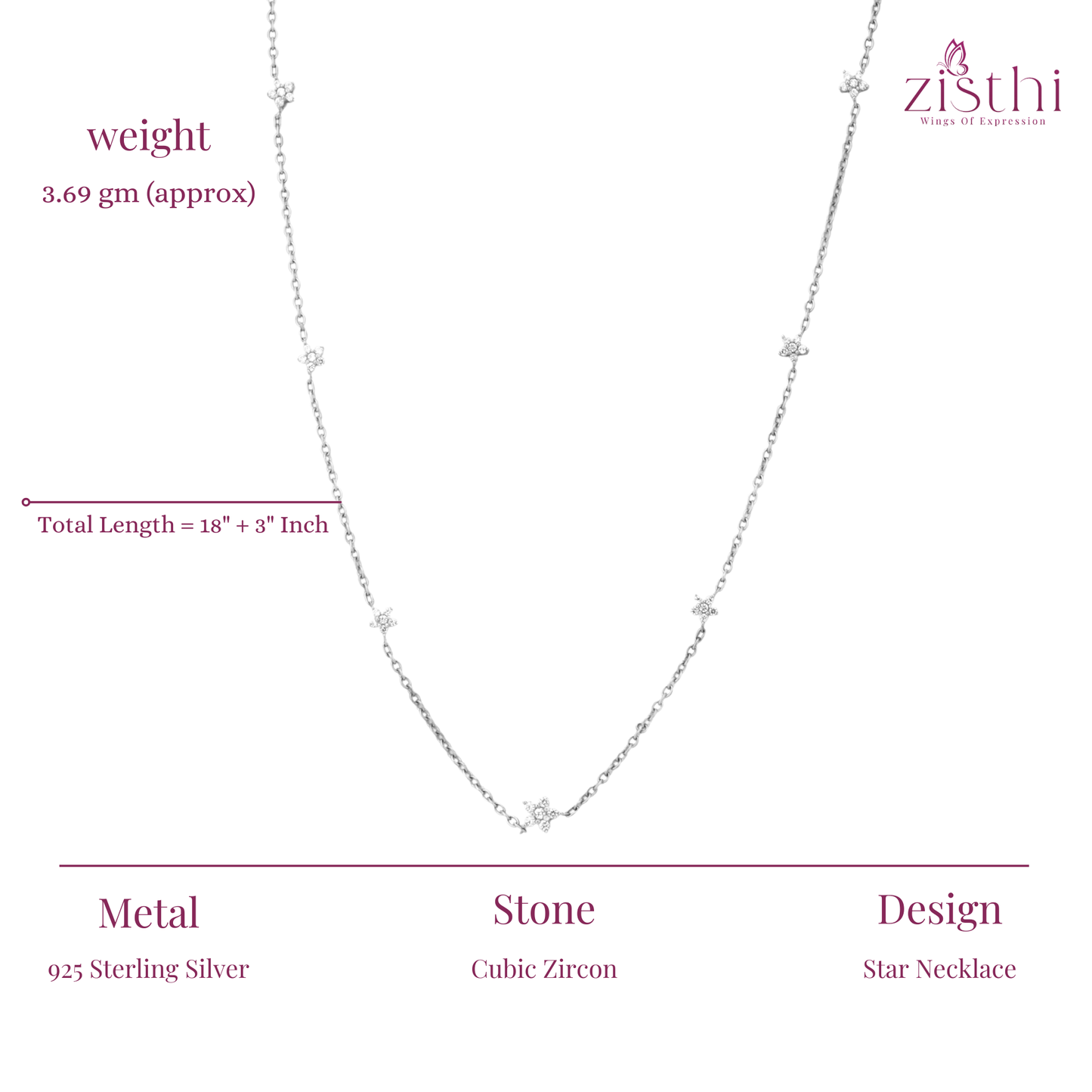 Star Map Necklace in Sterling Silver 18"+3" Inch