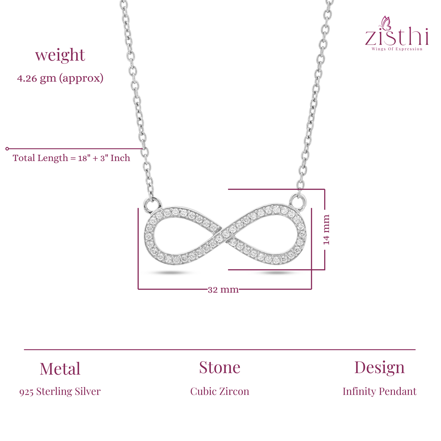 Endless Love Infinity Pendant Necklace 18+3" inch Chain
