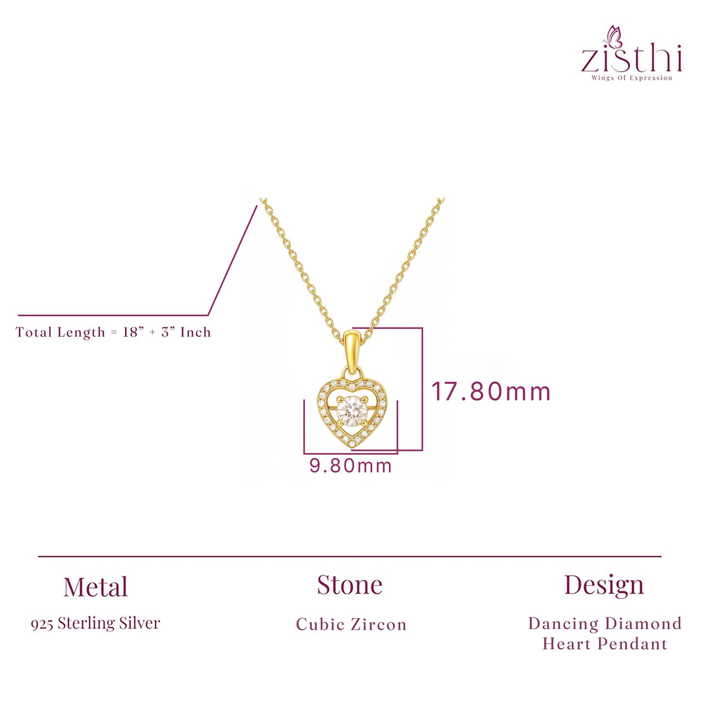 925 Sterling Silver Dancing Diamond Heart Pendant Necklace
