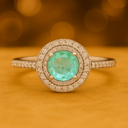 Simulated Diamond Paraiba Tourmaline Double Halo Ring