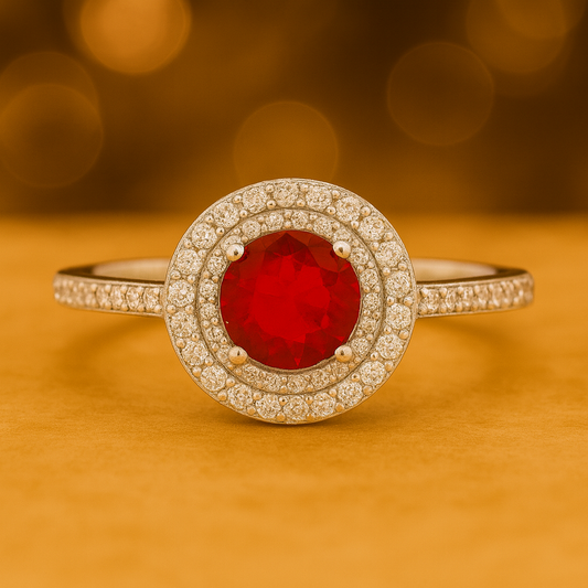 Simulated Diamond Ruby Double Halo Ring