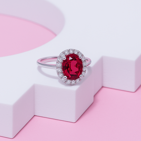 Diana Inspired Halo  Ring In 925 Sterling Silver (Ruby Red)
