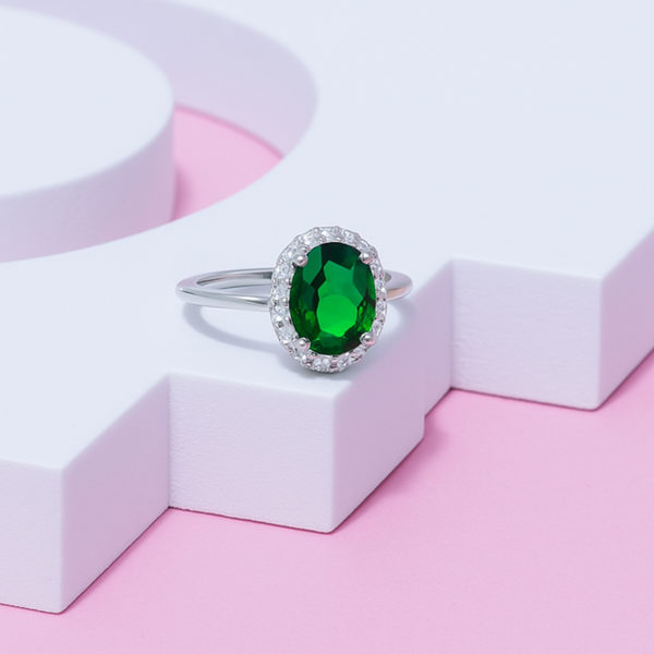 Diana Inspired Halo  Ring In 925 Sterling Silver (Emerald)