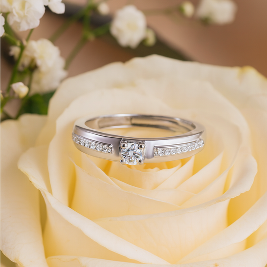 Sleek Solitaire & Pave Set Adjustable Ring In 925 Sterling Silver