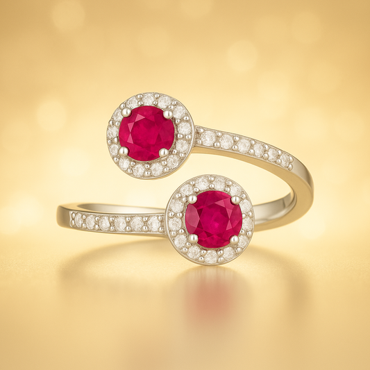 925 Sterling Silver Natural Ruby Bypass Couple Love Ring
