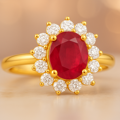 Natural Ruby Princess Diana Inspired Halo Ring in 925 Sterling Silver