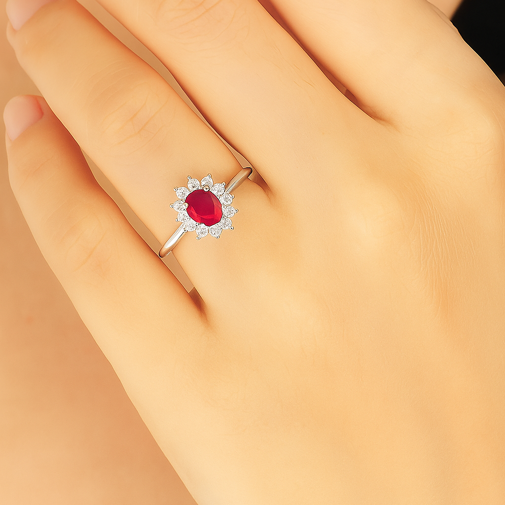 Natural Ruby Princess Diana Inspired Halo Ring in 925 Sterling Silver