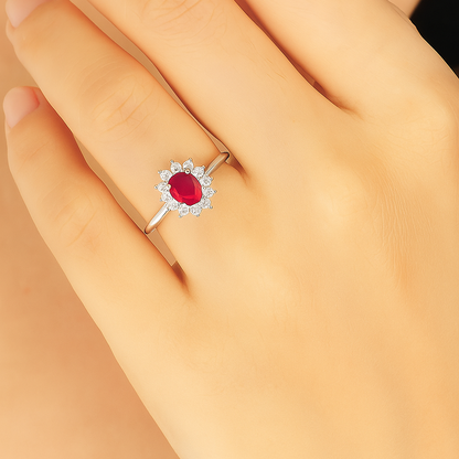 Natural Ruby Princess Diana Inspired Halo Ring in 925 Sterling Silver