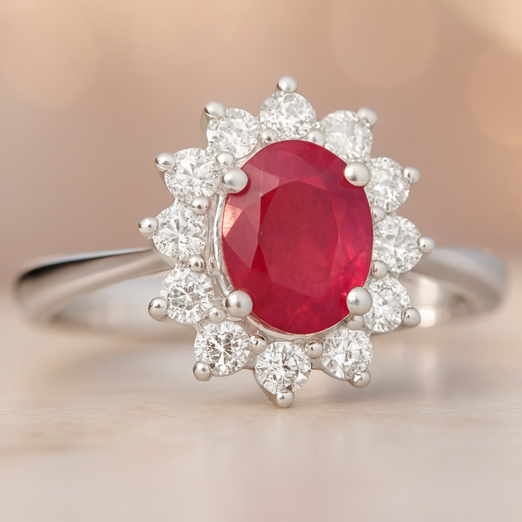 Natural Ruby Princess Diana Inspired Halo Ring in 925 Sterling Silver