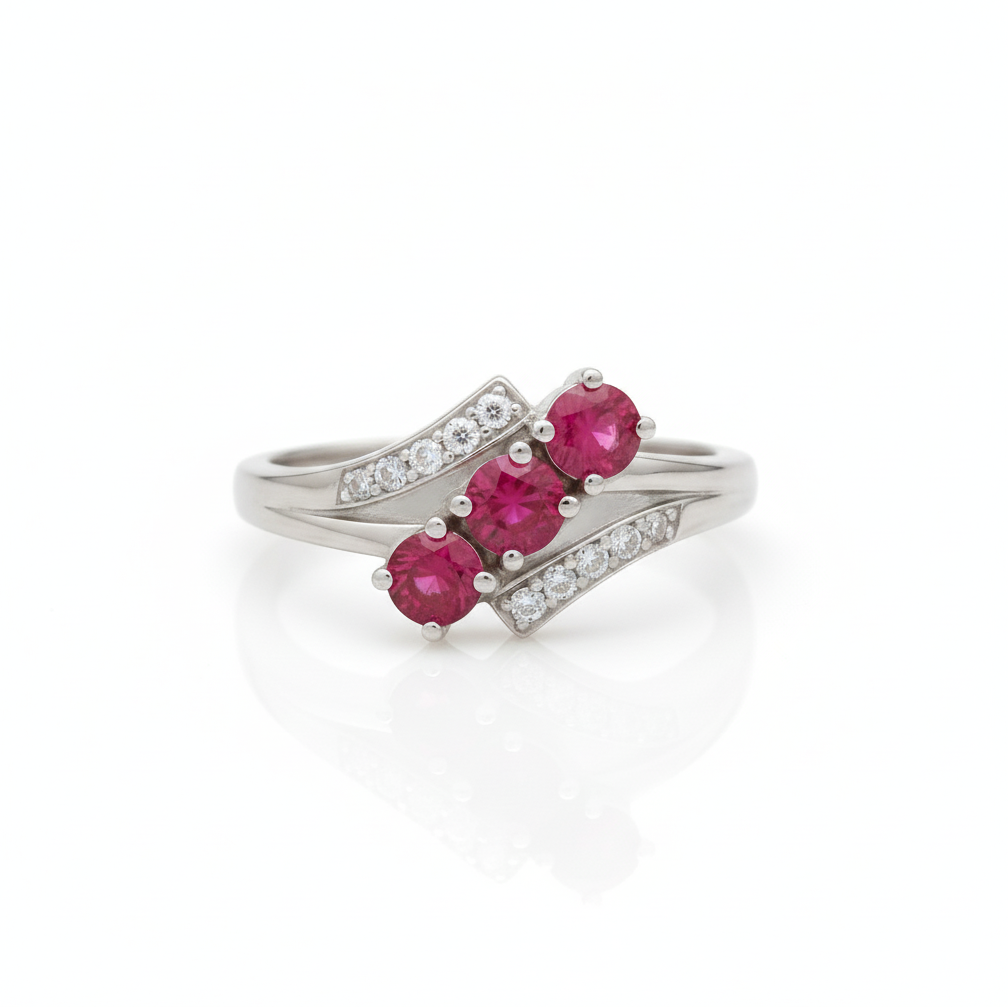 925 Sterling Silver Natural Ruby Trio Modern Bypass Ring