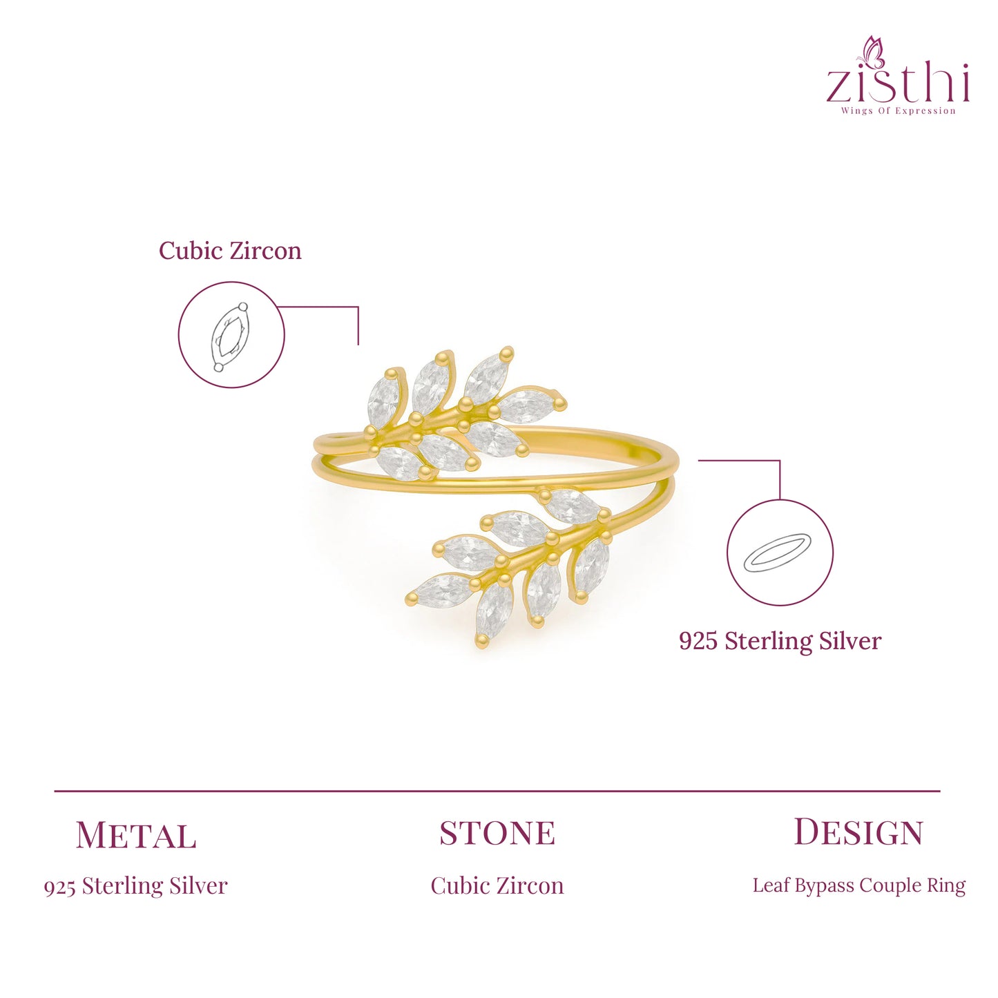 925 Sterling Silver Leaf Bypass Couple Ring