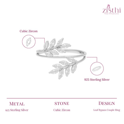 925 Sterling Silver Leaf Bypass Couple Ring