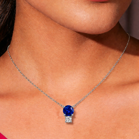 Classic Blue Solitaire Pendant Necklace with  16+2 Inch Adjustable Chain