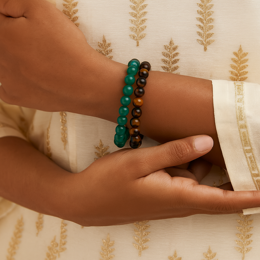 Jade brings positive energy, health, and fortune, while Yellow Tiger Eye Beads empowers your mind, balances emotions, and invites prosperity into your life