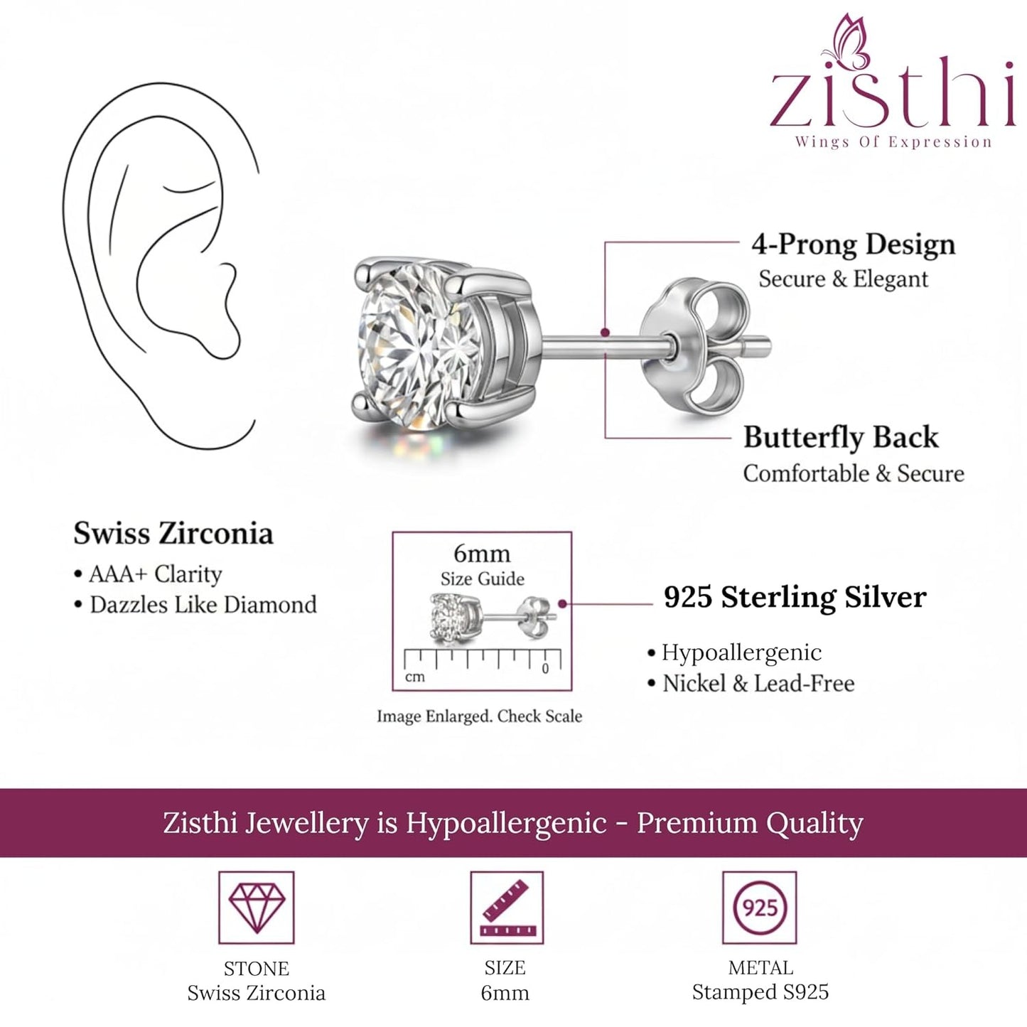 925 Silver Men's Round Solitaire Stud Earring